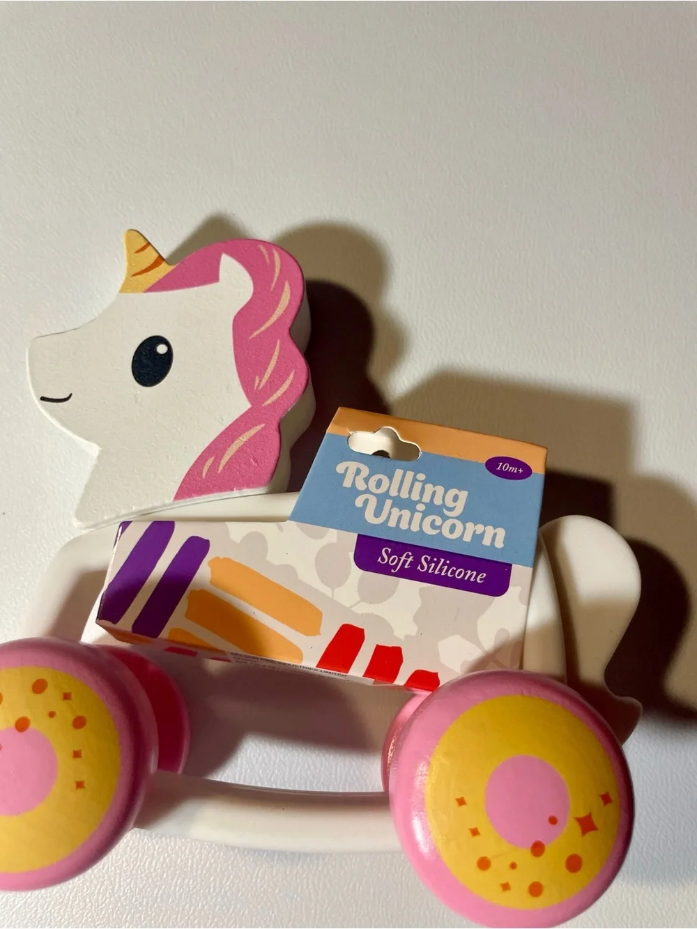 Rolling Unicorn Push Toy - Pink and Yellow NWT Toddlers Learning Fun Roll Wheels